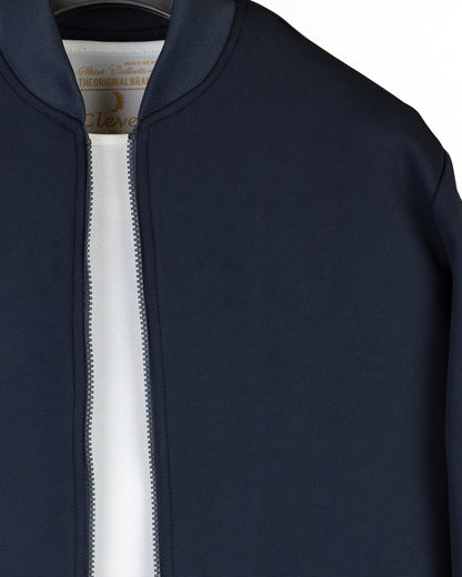 Navy Round-Neck Full-Zipper Plain Cotton Hoodie