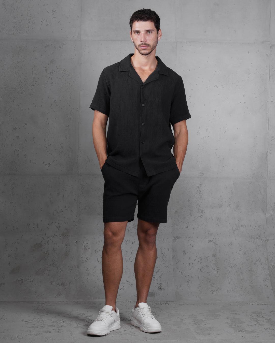 Black Linen-Cotton Short Sleeve Shirt & Shorts Set – Relaxed Fit