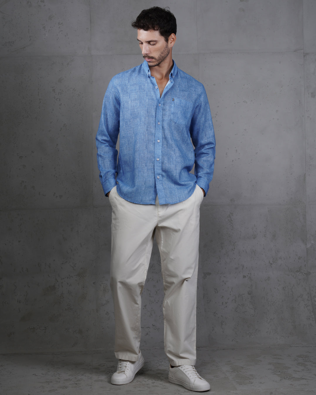 Medium Blue Linen Plain Shirt