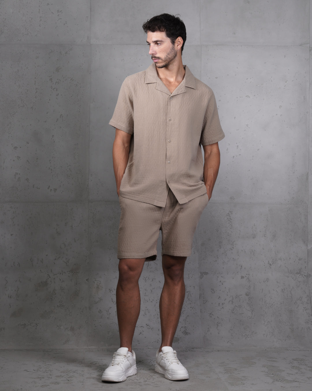 Caffee Linen-Cotton Short Sleeve Shirt & Shorts Set – Relaxed Fit
