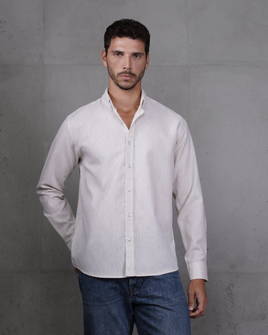 Beige Cotton Casual Long Sleeve Shirt