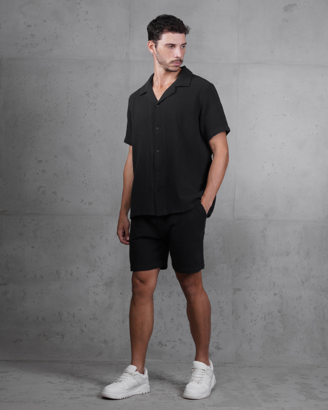 Black Linen-Cotton Short Sleeve Shirt & Shorts Set – Relaxed Fit