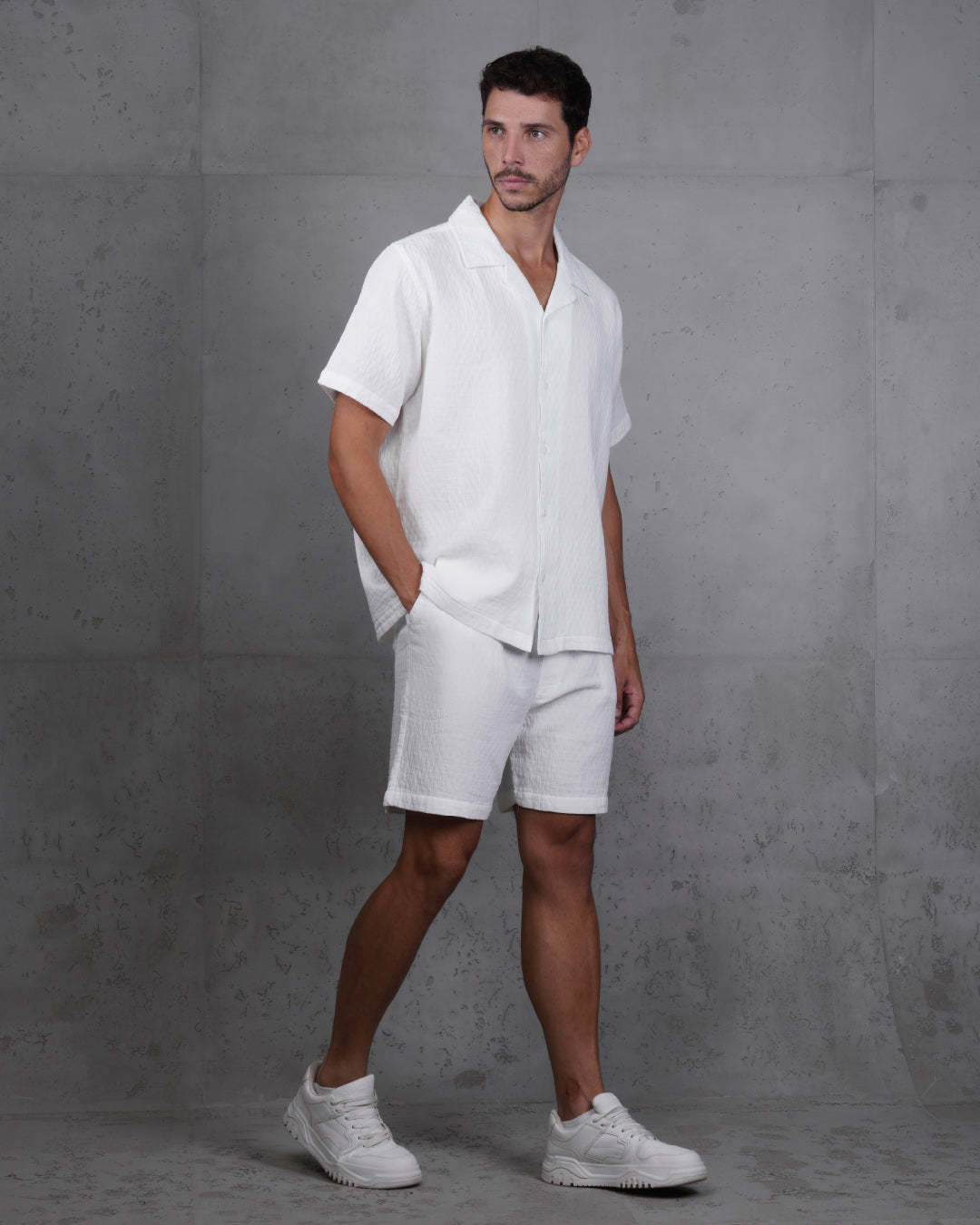 White Linen-Cotton Short Sleeve Shirt & Shorts Set – Relaxed Fit