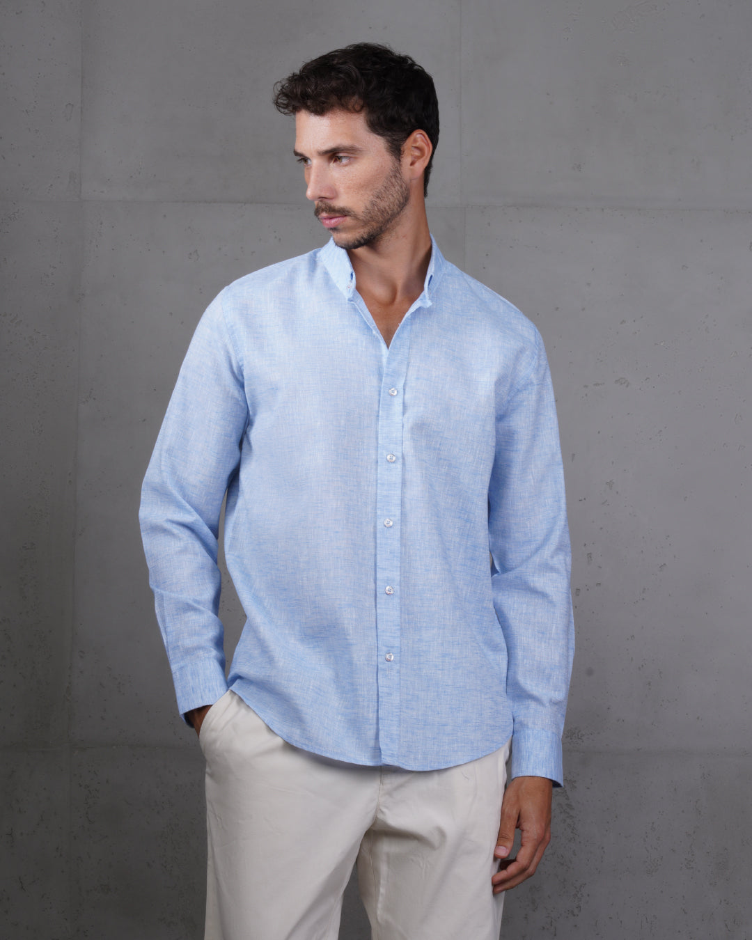 Baby Blue Cotton Casual Long Sleeve Shirt