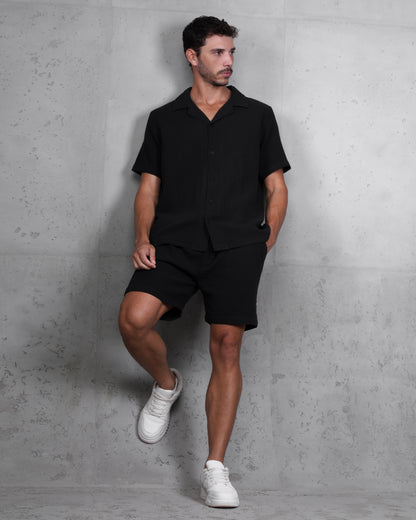 Black Linen-Cotton Short Sleeve Shirt & Shorts Set – Relaxed Fit