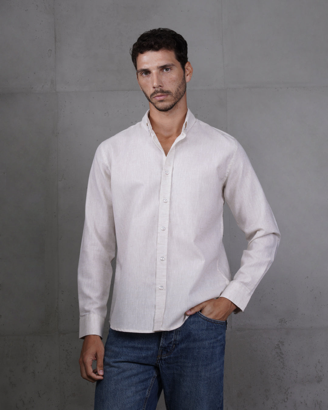 Beige Cotton Casual Long Sleeve Shirt