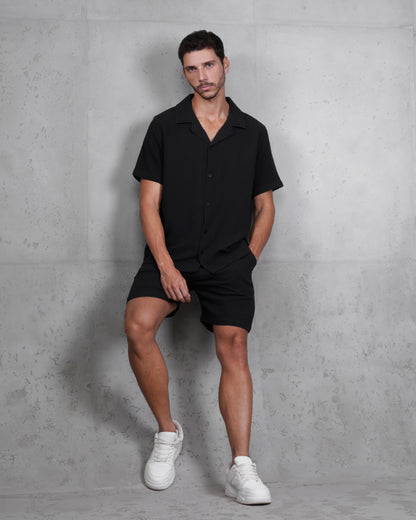 Black Linen-Cotton Short Sleeve Shirt & Shorts Set – Relaxed Fit