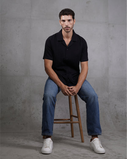 Black Riviera Short Sleeve Camp Collar Shirt