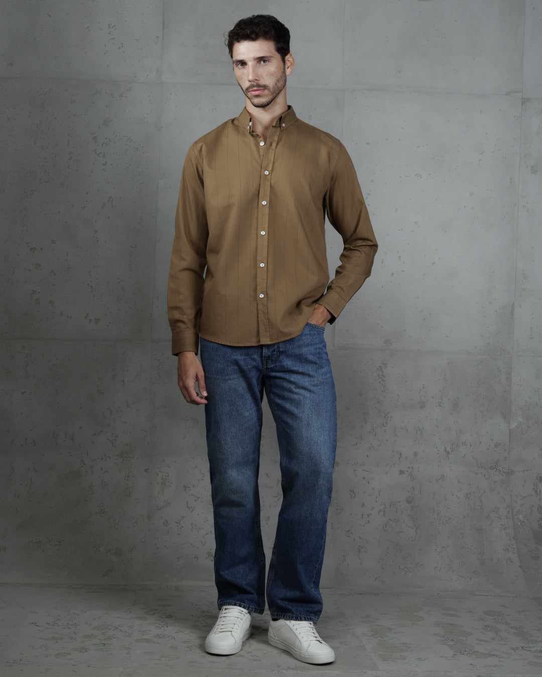 Camel Cotton Subtle Vertical Striped Shirt
