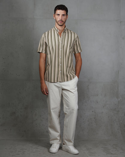 Oil Casual Striped Short Sleeve Cotton  Shirt