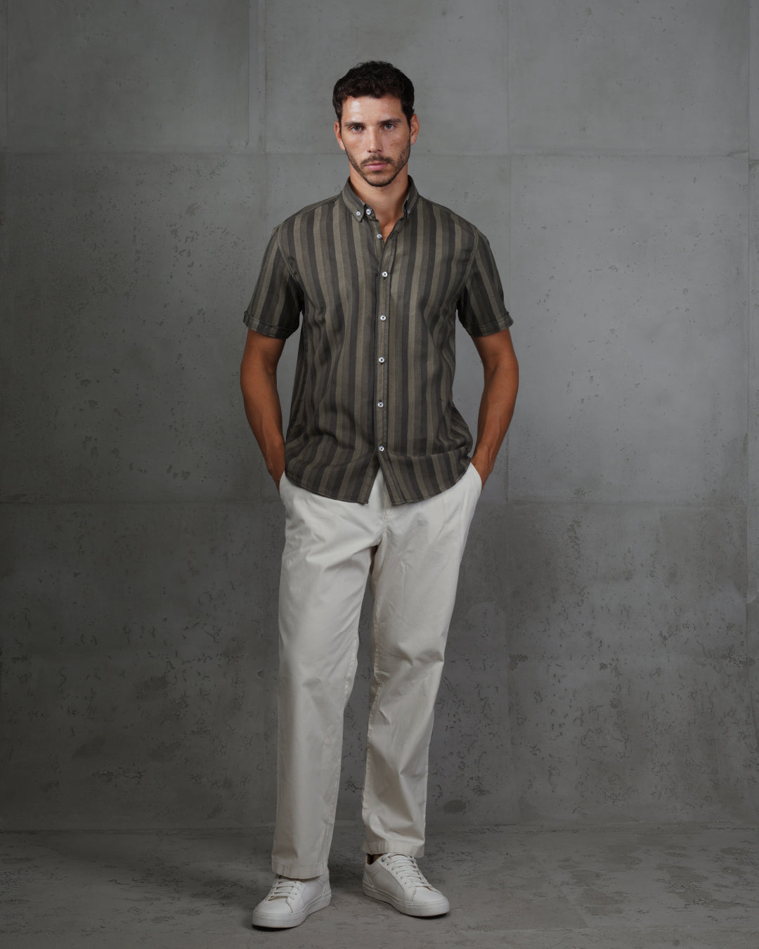 Grey Casual Striped Short Sleeve Cotton Shirt