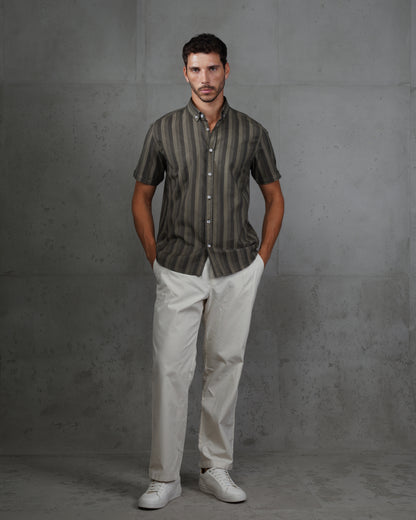 Grey Casual Striped Short Sleeve Cotton Shirt