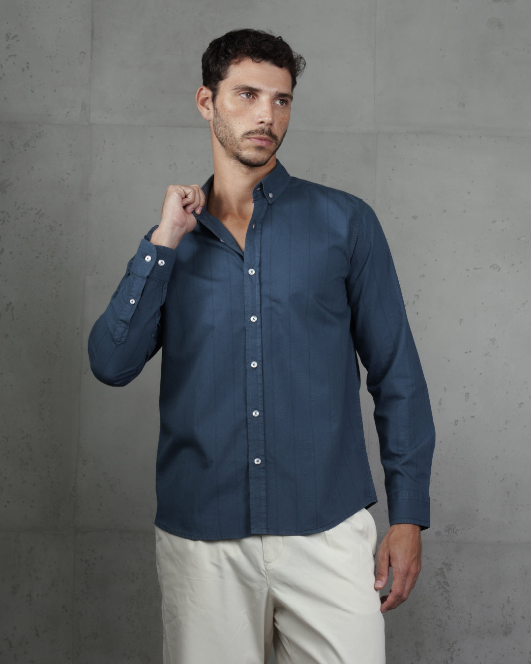 Indigo Cotton Subtle Vertical Striped Shirt