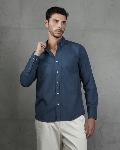 Indigo Cotton Subtle Vertical Striped Shirt