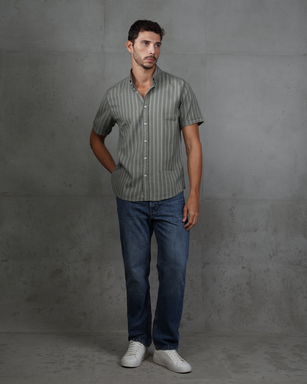Mint Green Striped Short Sleeve Cotton Shirt