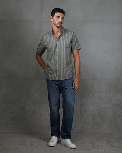 Mint Green Striped Short Sleeve Cotton Shirt