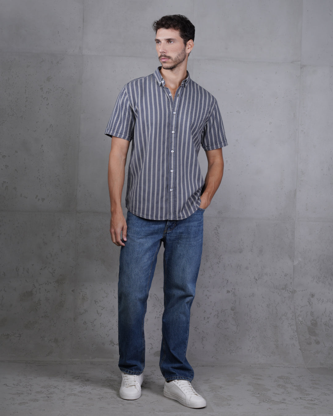 Navy Blue Striped Short Sleeve Cotton Shirt