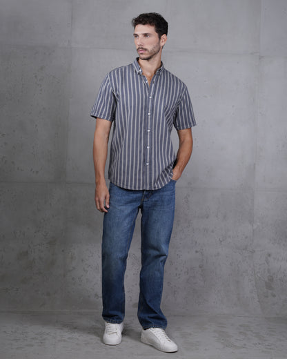 Navy Blue Striped Short Sleeve Cotton Shirt