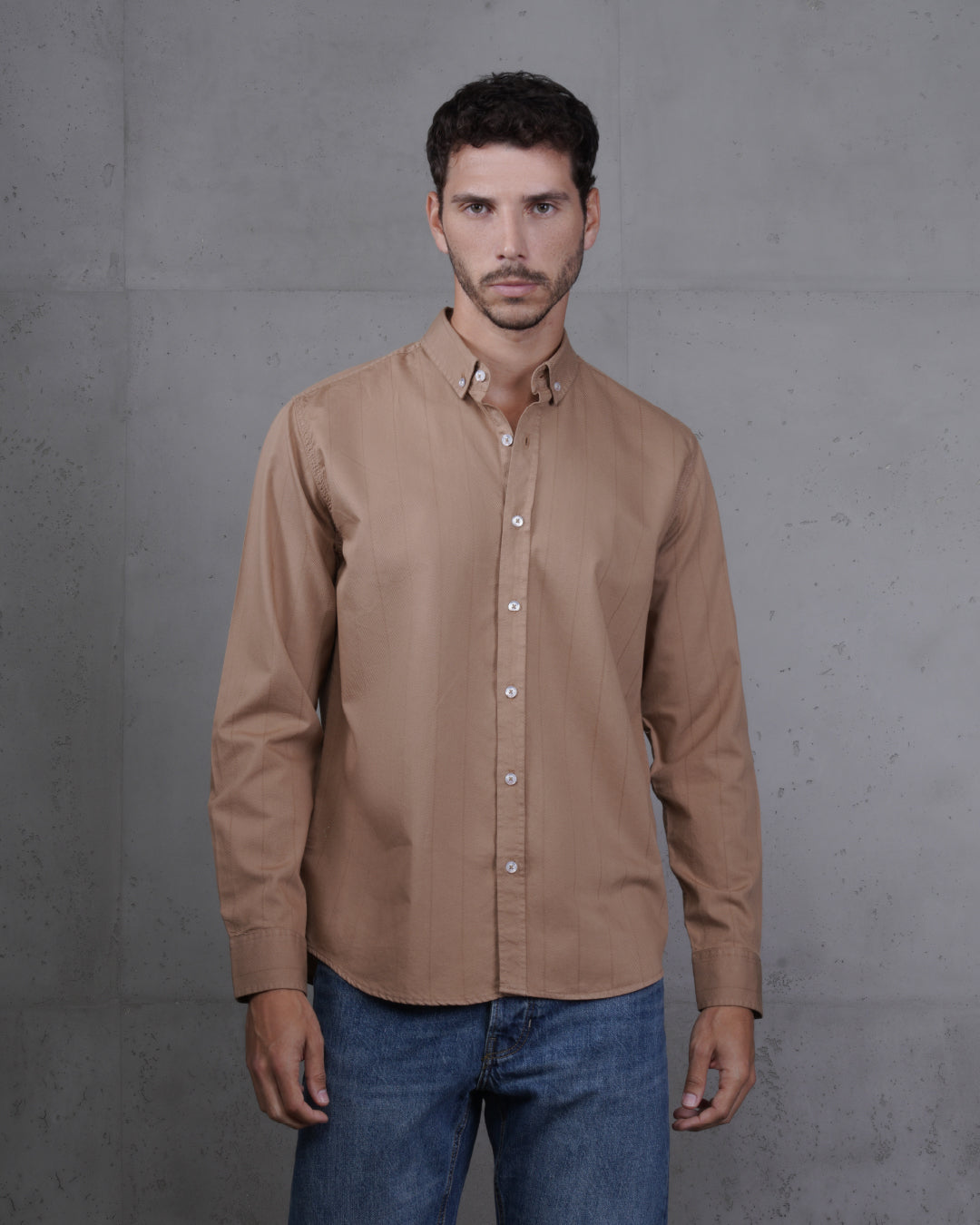 Dark Beige Cotton Subtle Vertical Striped Shirt
