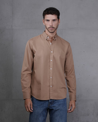 Dark Beige Cotton Subtle Vertical Striped Shirt