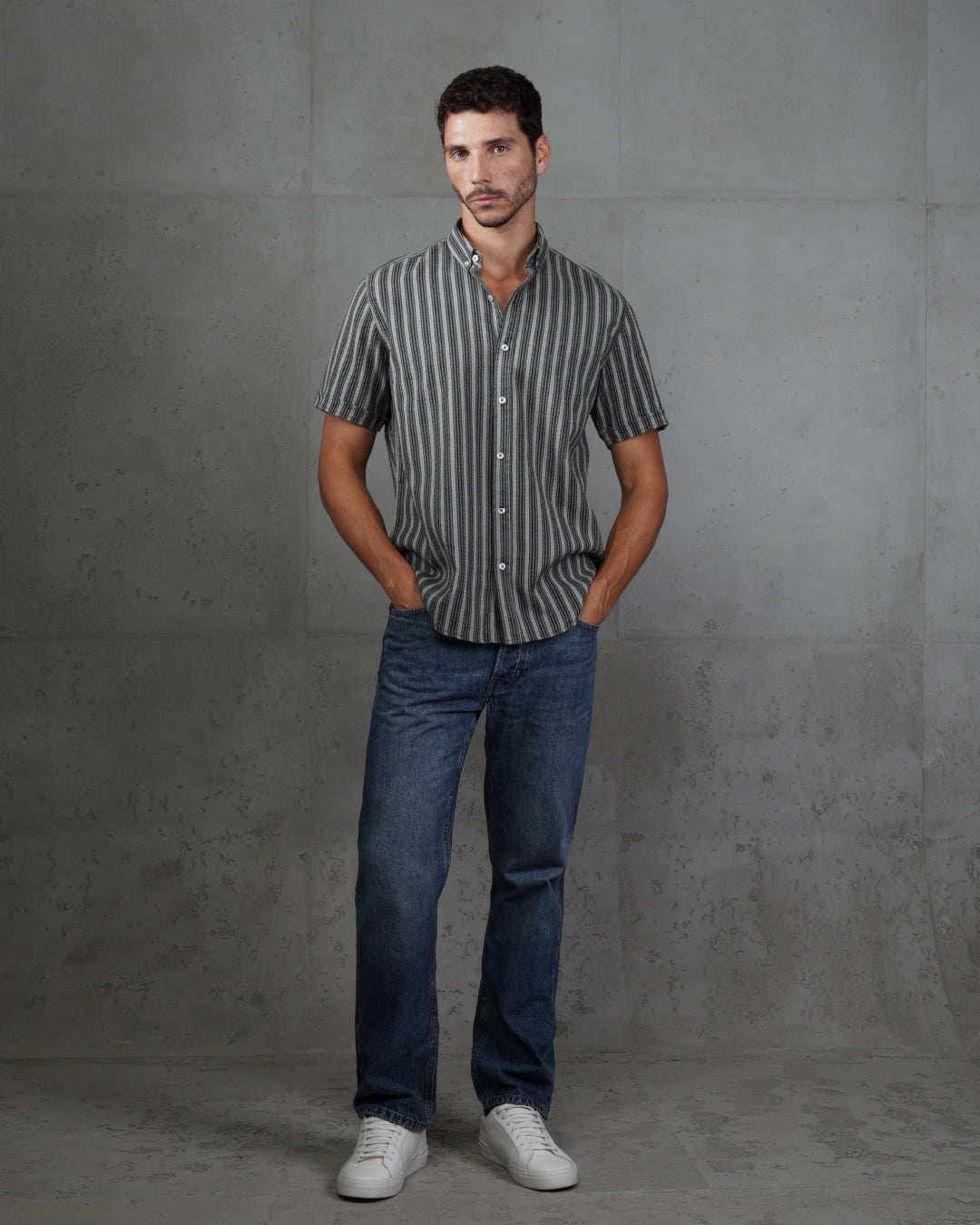 Black Striped Short Sleeve Cotton Shirt