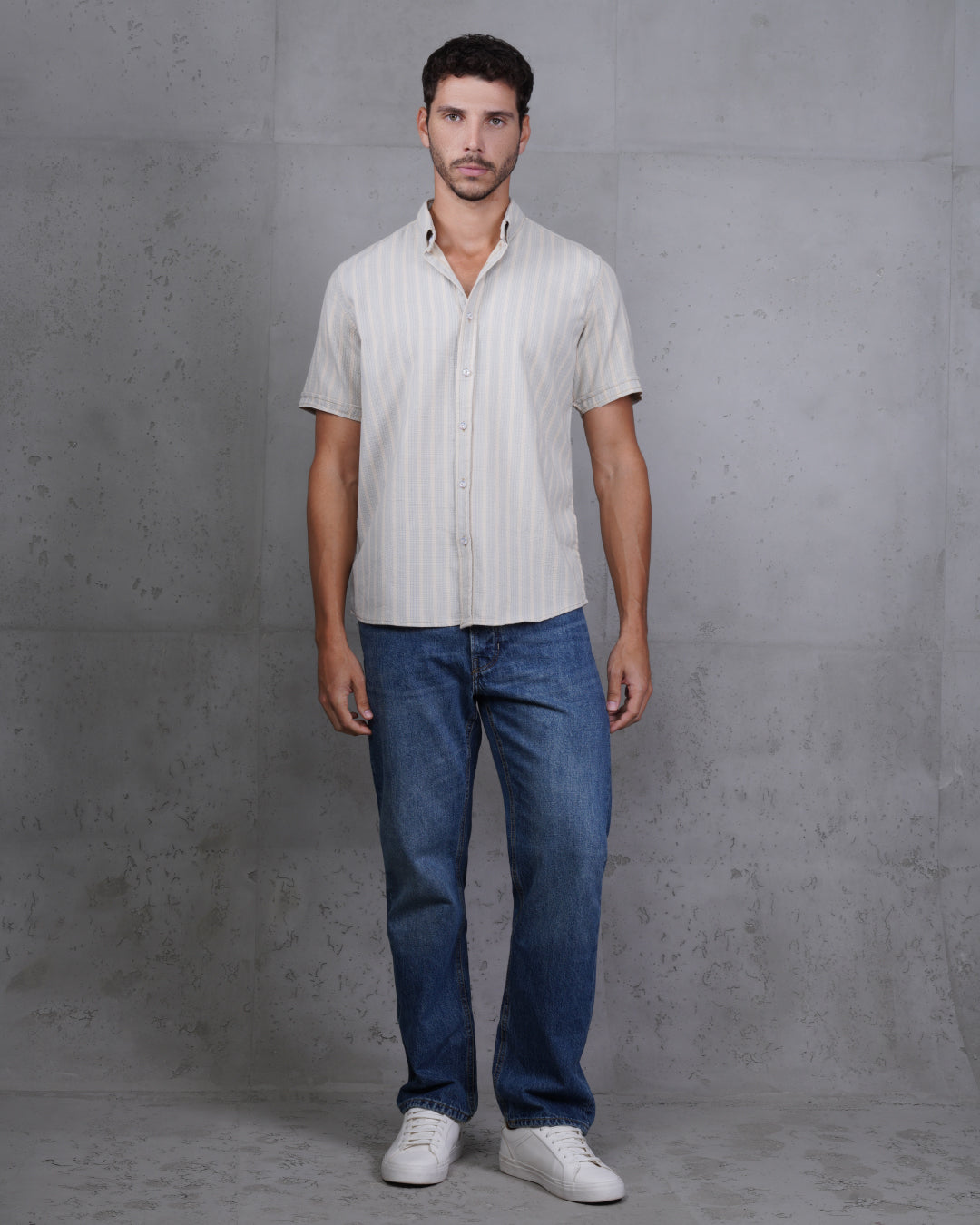 Baby Blue Striped Short Sleeve Cotton Shirt