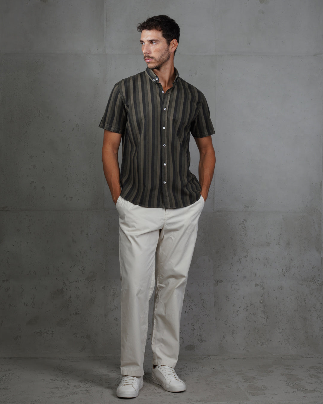 Black Casual Striped Short Sleeve Cotton  Shirt