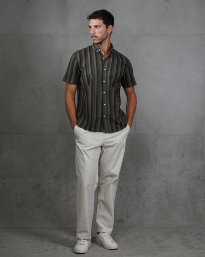 Black Casual Striped Short Sleeve Cotton  Shirt
