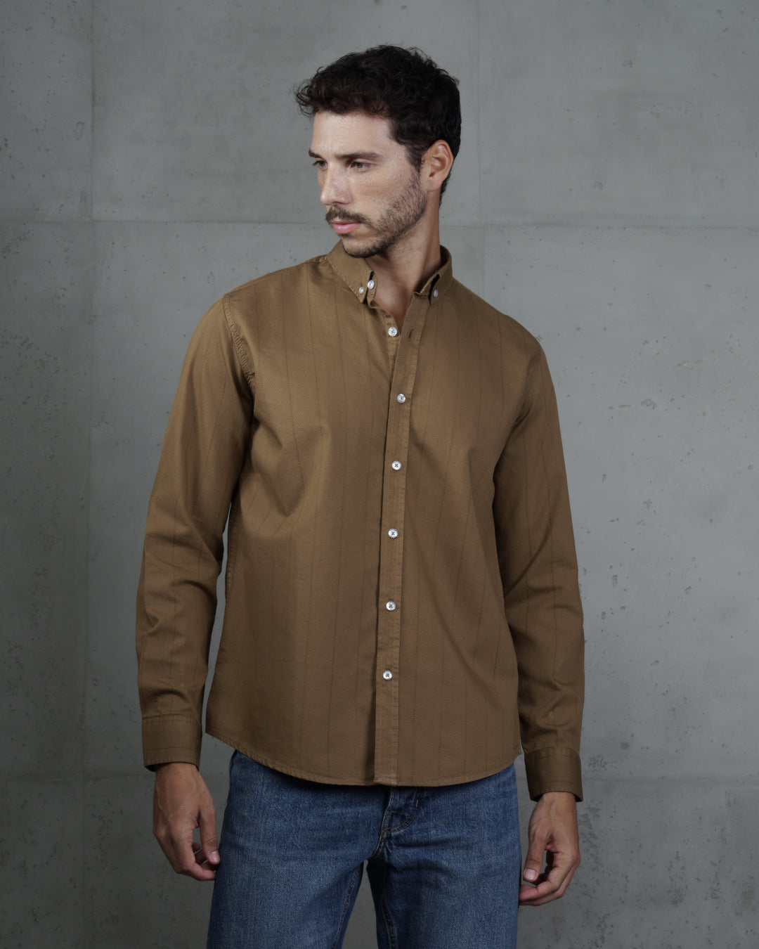 Camel Cotton Subtle Vertical Striped Shirt
