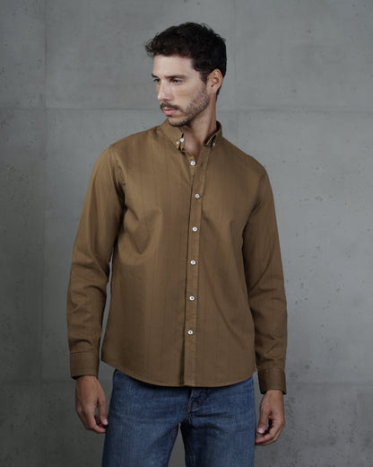 Camel Cotton Subtle Vertical Striped Shirt