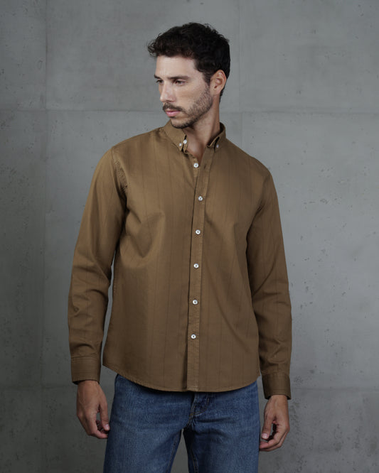 Camel Cotton Subtle Vertical Striped Shirt