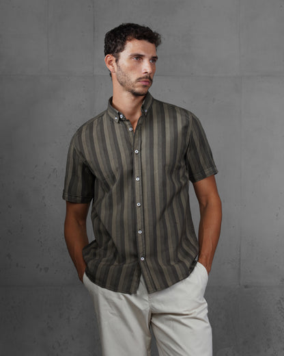 Grey Casual Striped Short Sleeve Cotton Shirt