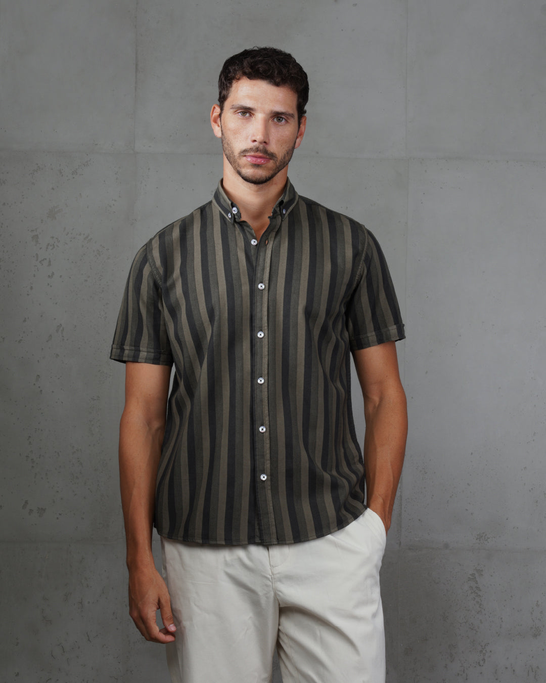 Black Casual Striped Short Sleeve Cotton  Shirt