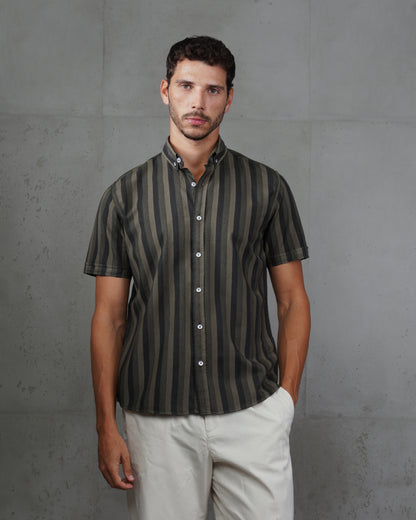 Black Casual Striped Short Sleeve Cotton  Shirt