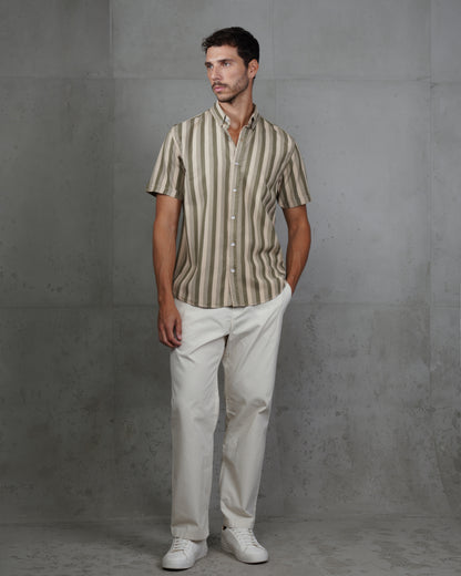 Oil Casual Striped Short Sleeve Cotton  Shirt
