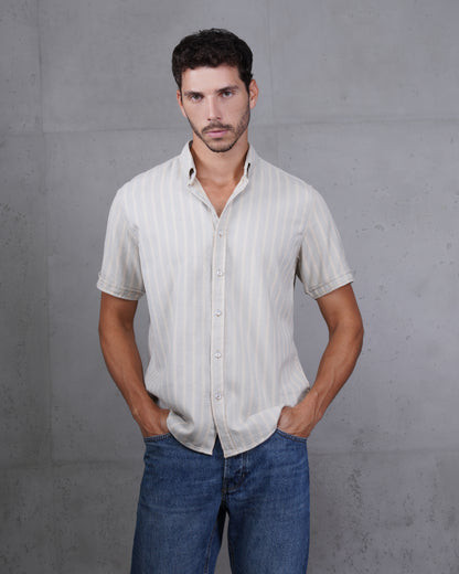 Baby Blue Striped Short Sleeve Cotton Shirt