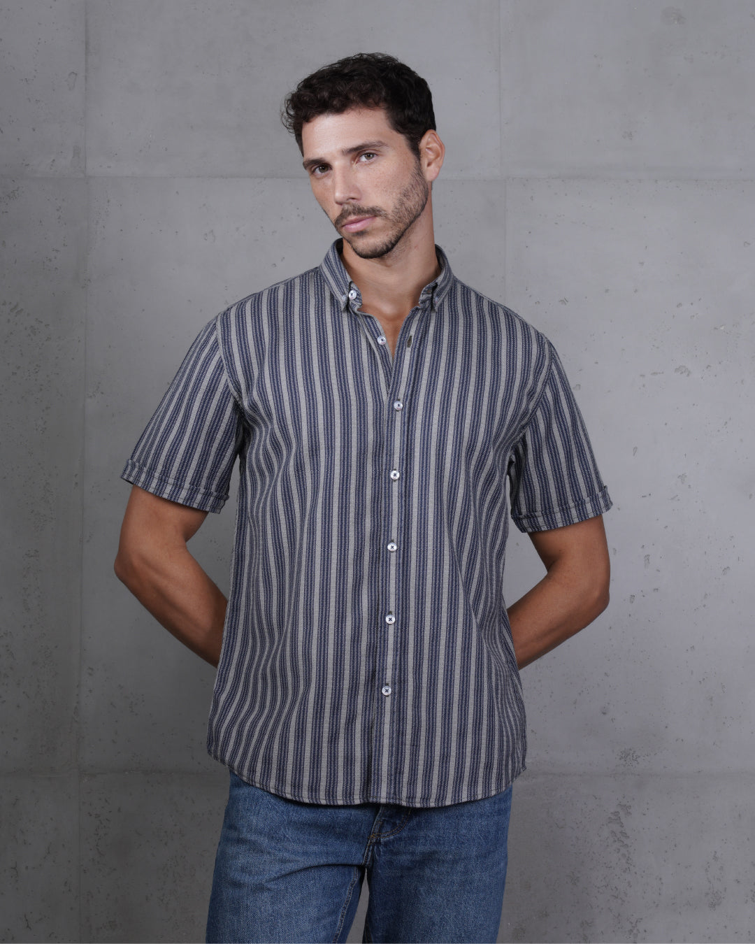Navy Blue Striped Short Sleeve Cotton Shirt