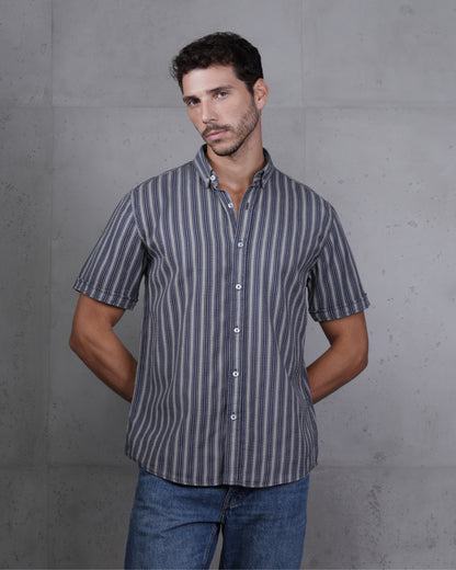 Navy Blue Striped Short Sleeve Cotton Shirt