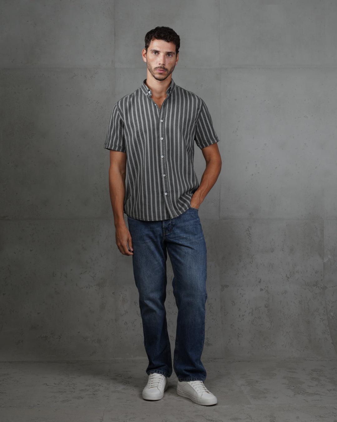 Black Striped Short Sleeve Cotton Shirt