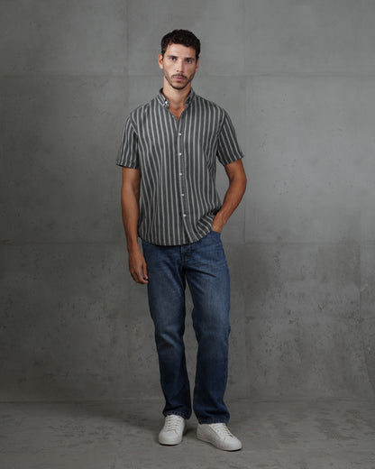 Black Striped Short Sleeve Cotton Shirt
