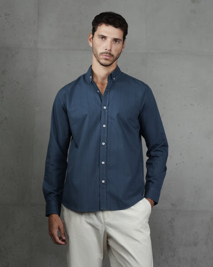 Indigo Cotton Subtle Vertical Striped Shirt