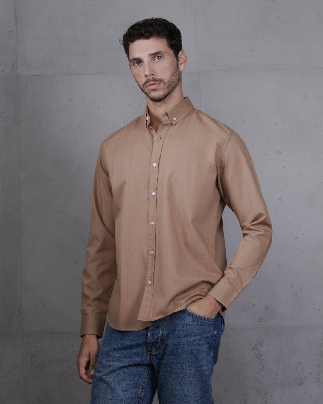 Dark Beige Cotton Subtle Vertical Striped Shirt