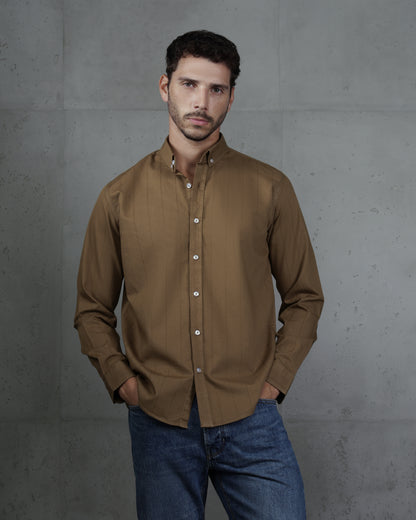 Camel Cotton Subtle Vertical Striped Shirt