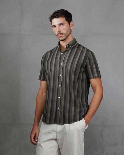 Black Casual Striped Short Sleeve Cotton  Shirt