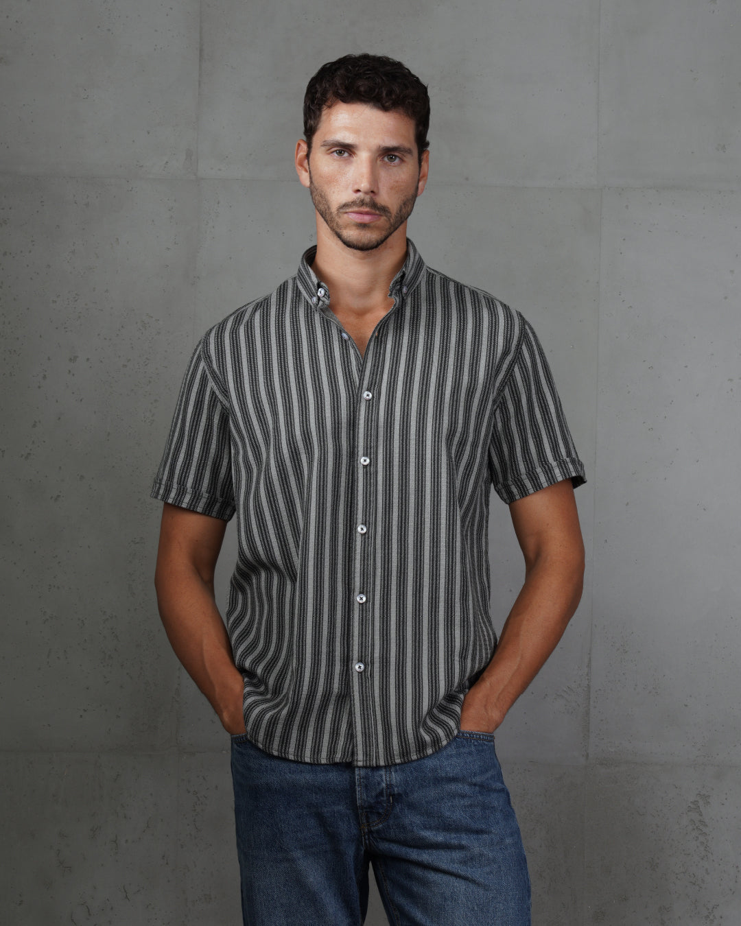 Black Striped Short Sleeve Cotton Shirt