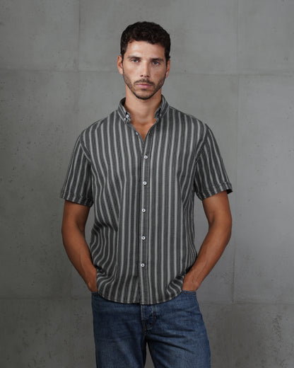 Black Striped Short Sleeve Cotton Shirt