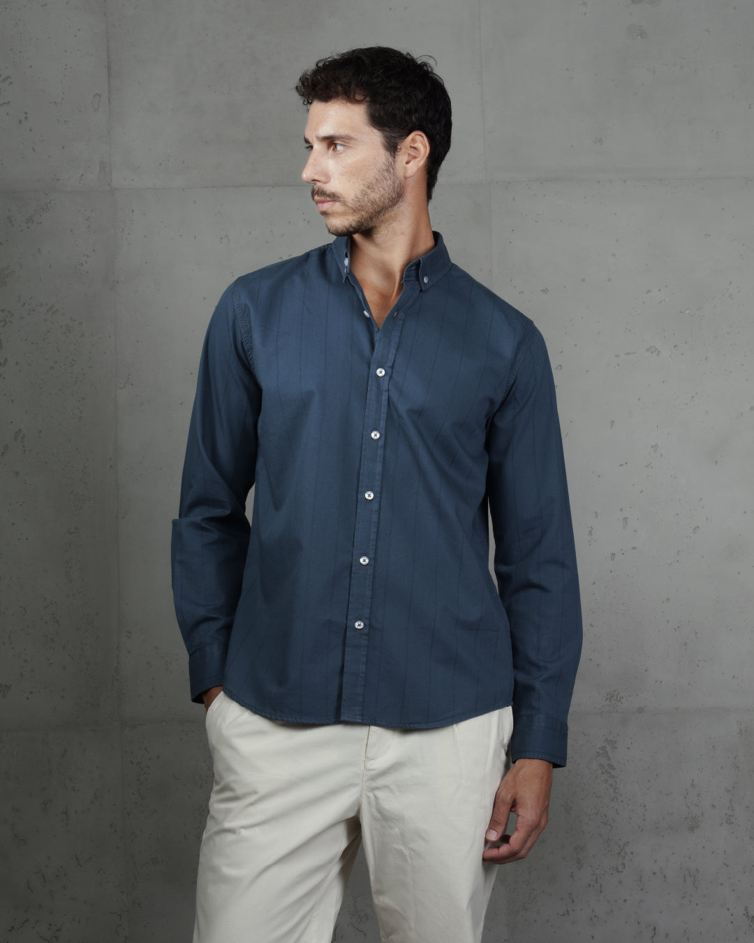 Indigo Cotton Subtle Vertical Striped Shirt