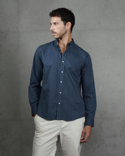 Indigo Cotton Subtle Vertical Striped Shirt