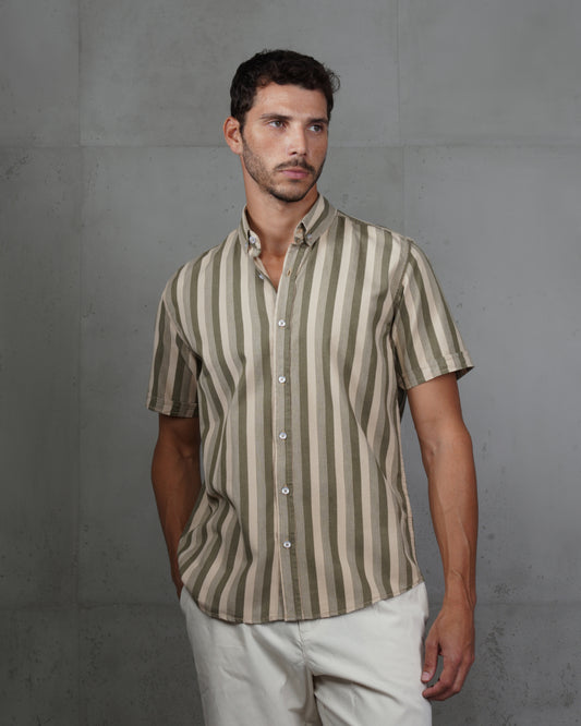 Oil Casual Striped Short Sleeve Cotton  Shirt