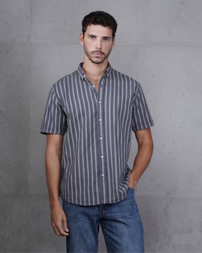 Navy Blue Striped Short Sleeve Cotton Shirt